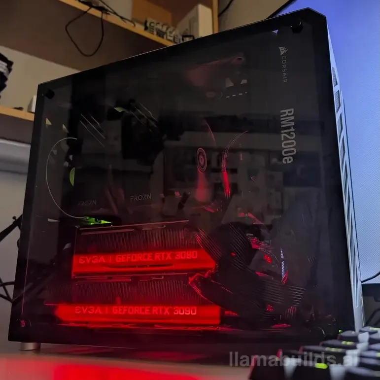 Compact tempered-glass case holding two EVGA GeForce RTX 3090 cards glowing red, a Corsair RM1200e power supply, and ID-COOLING fans.